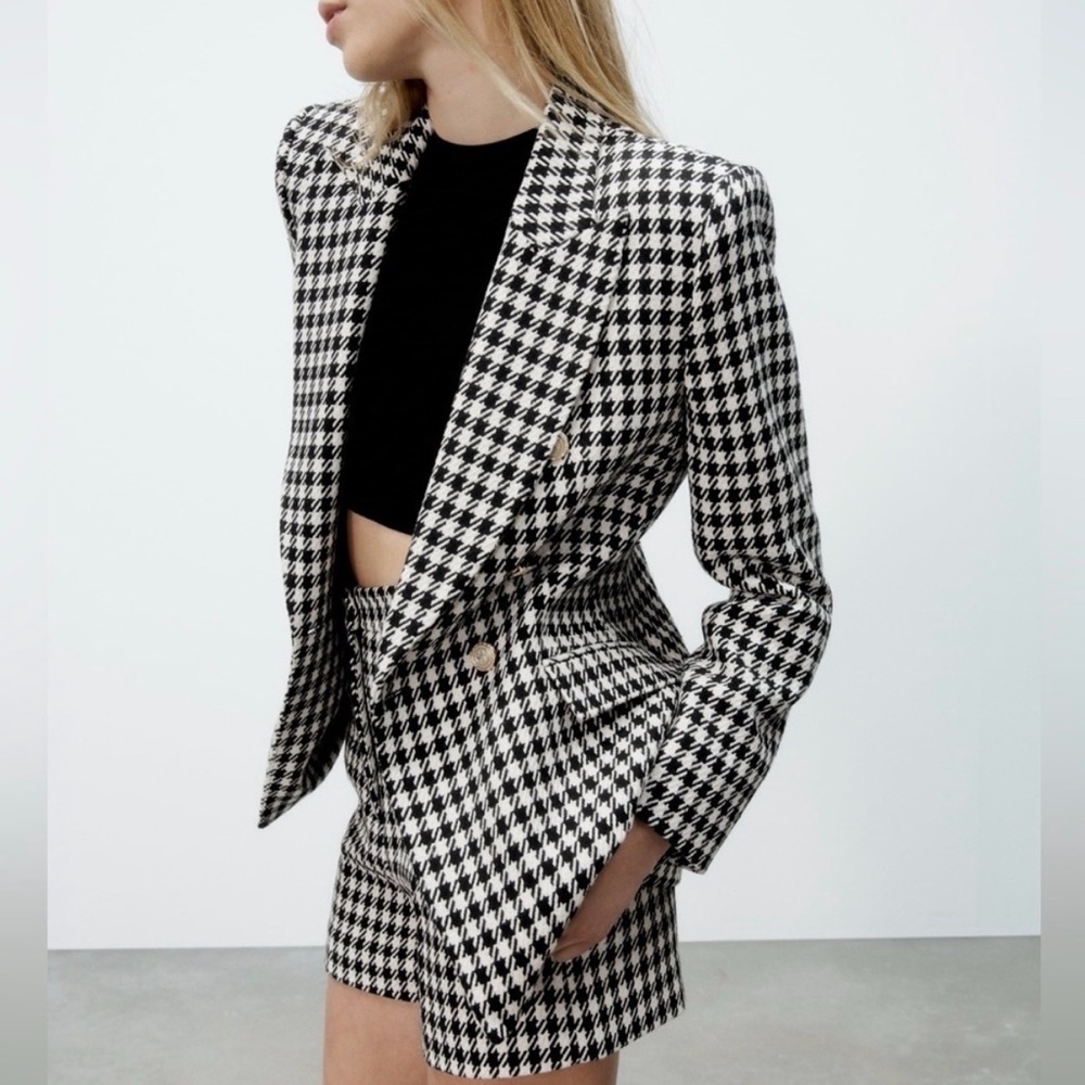 Zara houndstooth double breasted gold button oversized blazer jacket M